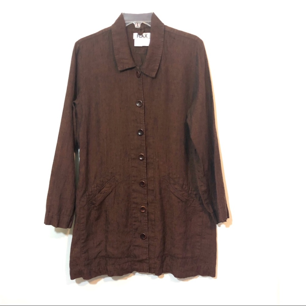 Flax 100% linen brown long length jacket lagenlook